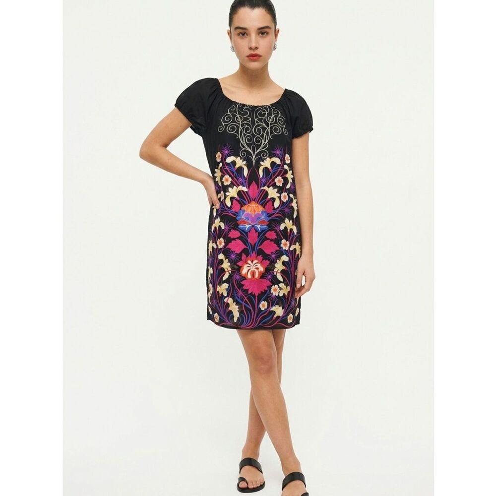 TIBI | Floral Print Black Puff Sleeve Dress 100% Silk Women’s Size X-Small